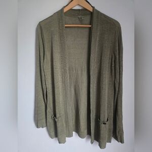 ANNE KLEIN Olive Green Open Front Linen Blend Knit Lightweight Cardigan